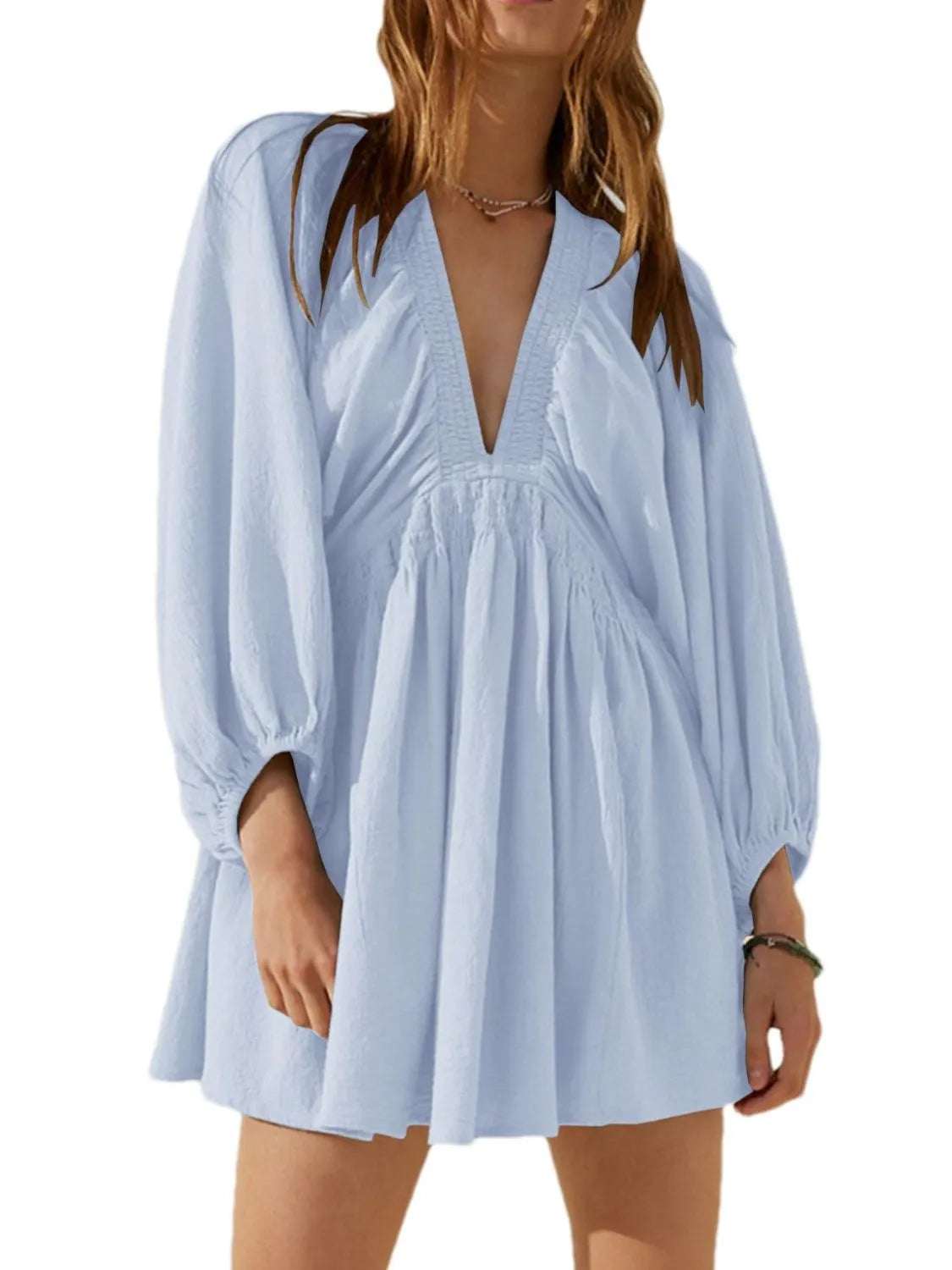 Textured V-Neck Mini Dress.