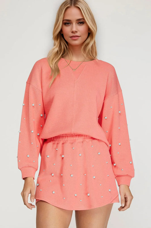 Pearl Trim Round Neck Long Sleeve Top and Skirt Set - CHIC TB