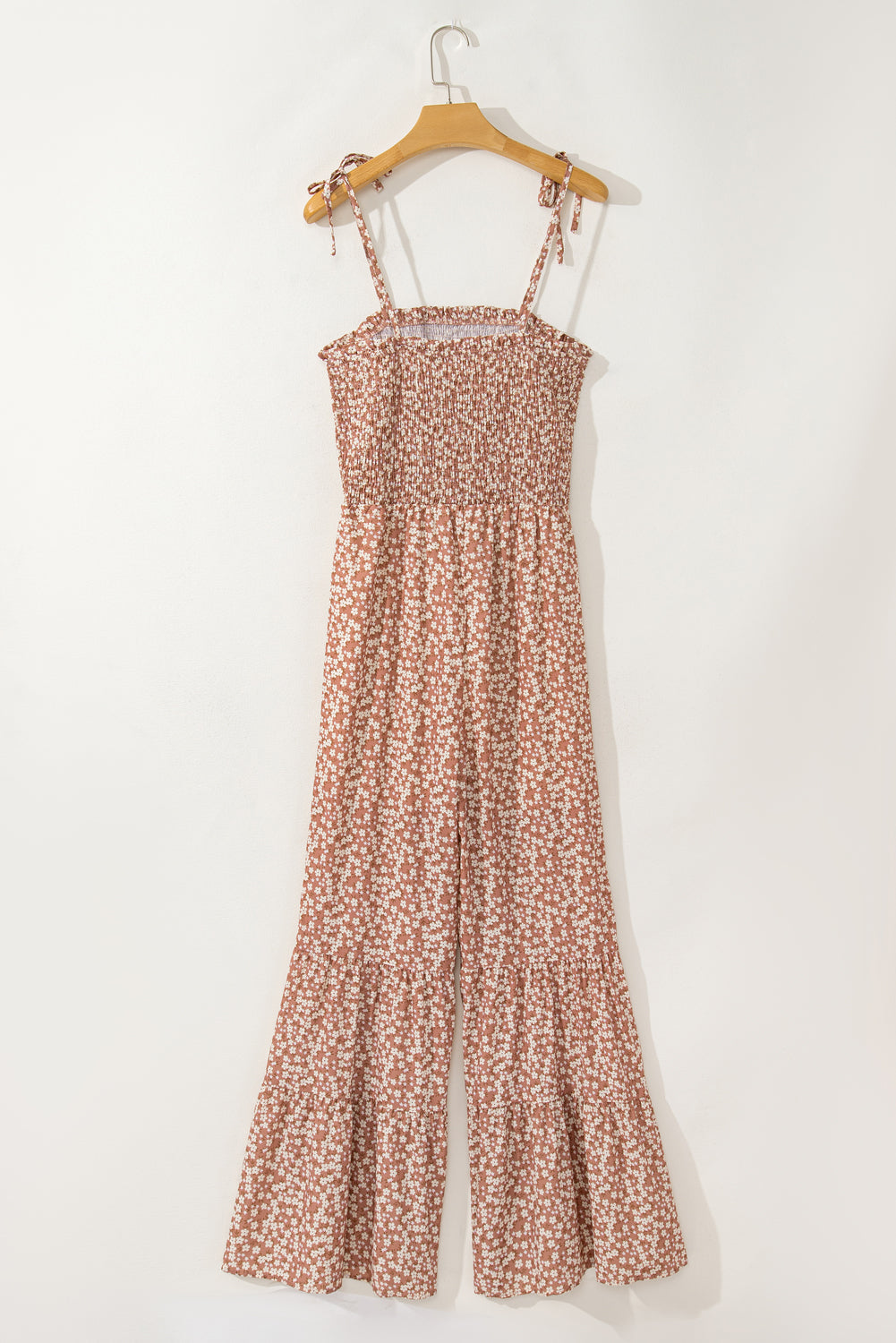 Khaki Thin Straps Smocked Bodice Wide Leg Floral Jumpsuit Dear-Lover Dropshipping