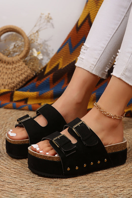 Black Suede Buckle Decor Footbed Sandal Slippers Dear-Lover Dropshipping