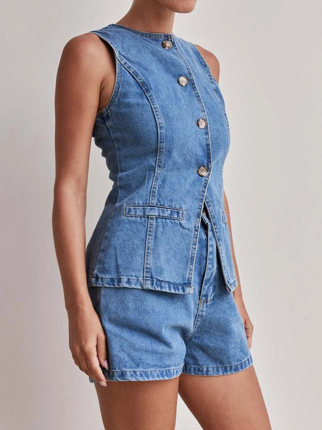 Button Down Vest and Shorts Denim Set.