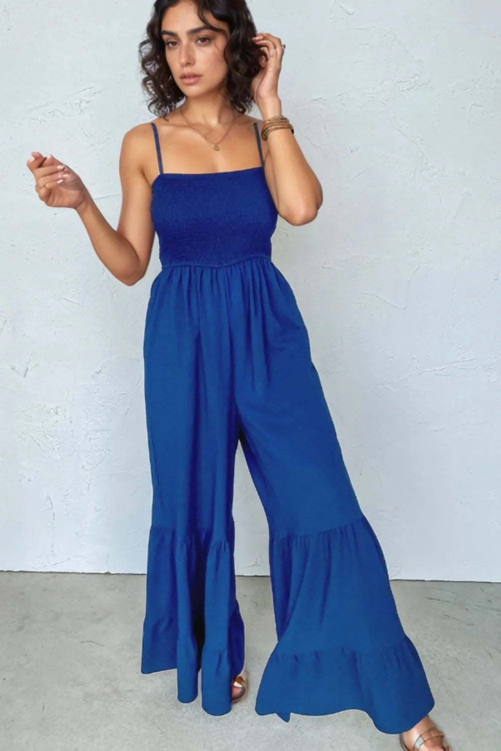 Spaghetti Straps Smocked Ruffled Wide Leg Jumpsuit.