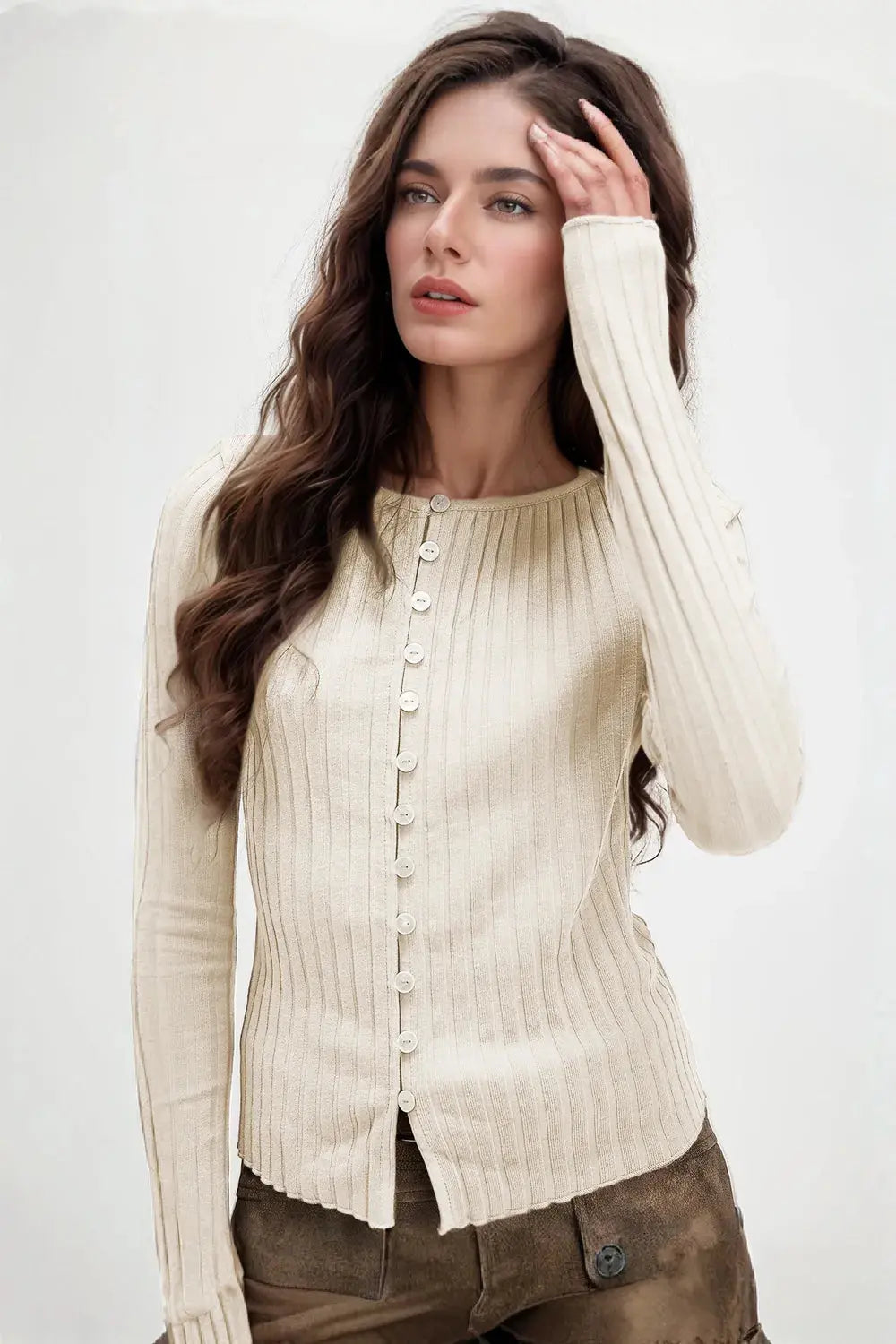 Basic Bae Texture Button Up Round Neck Long Sleeve Top.