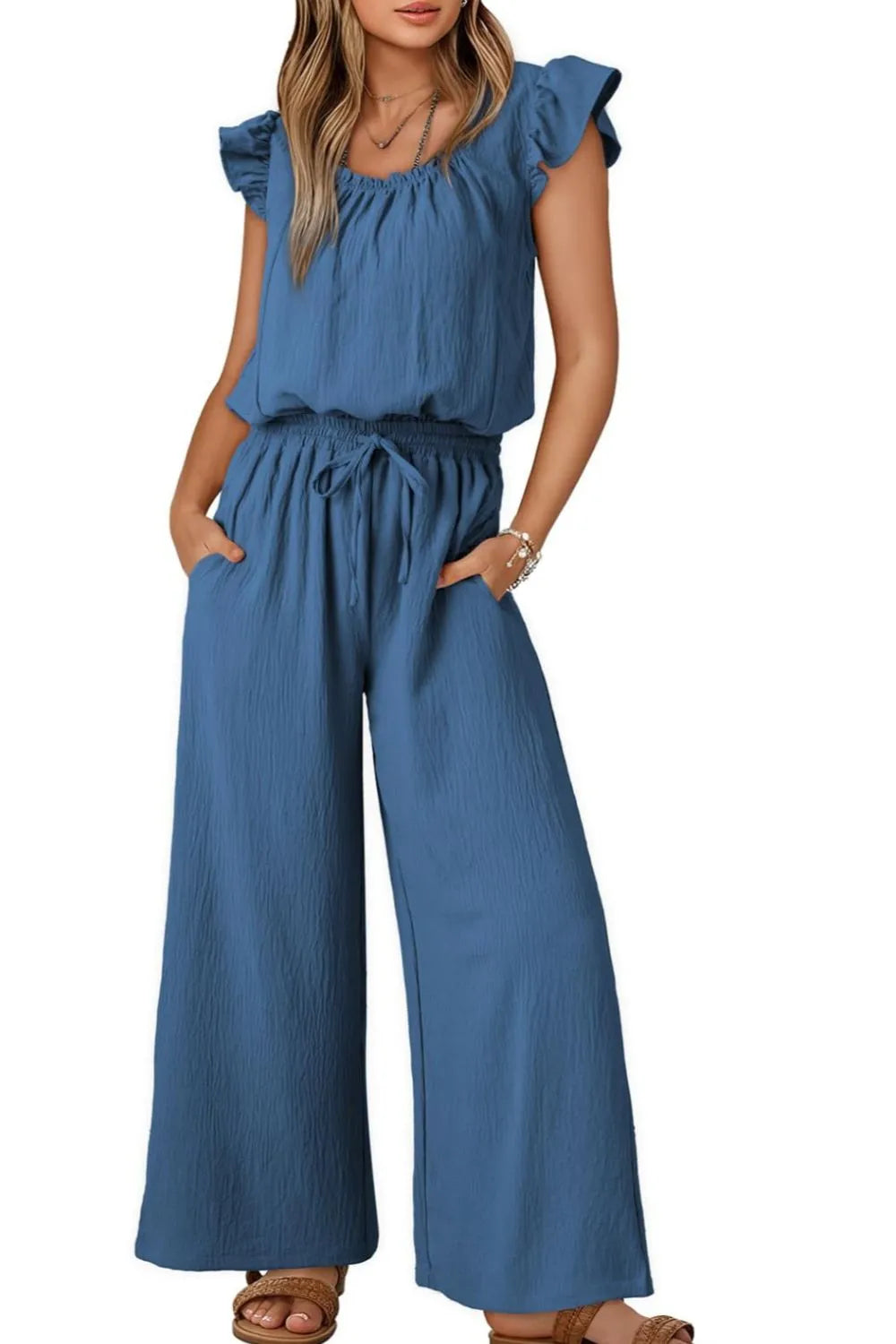 Ruffled Sleeve Wide Leg Jumpsuit.