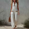 Womens Sleeveless Casual Loose Cotton-Linen Wide-Leg Jumpsuit
