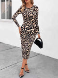 Leopard Print Long Sleeve Bodycon Midi Dress