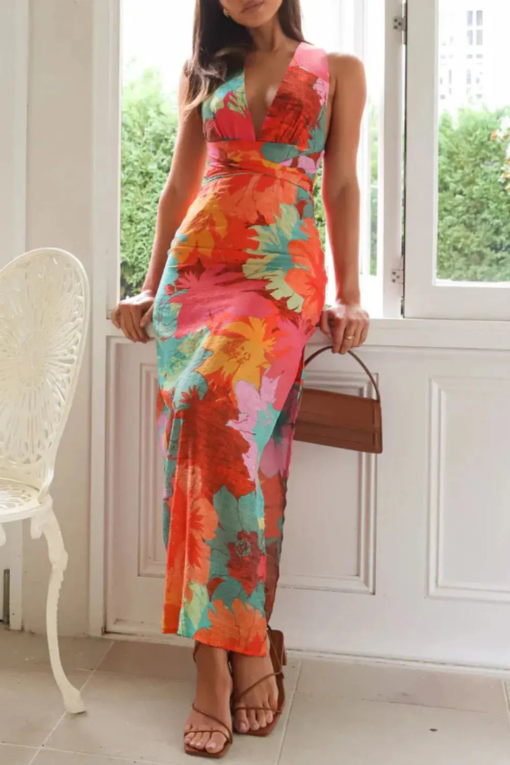 Split Crisscross Back Printed Plunge Maxi Dress.