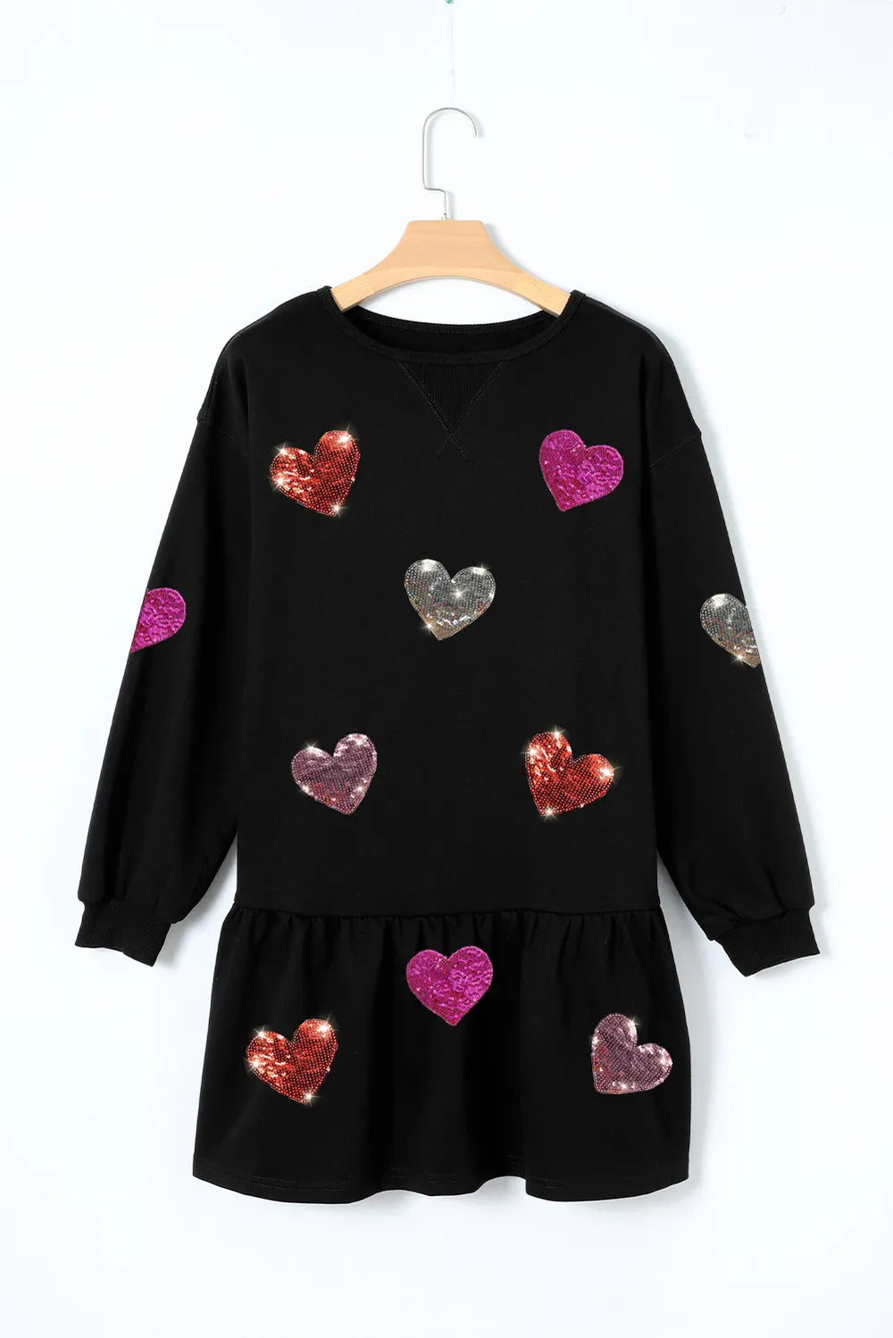 Sequin Heart Round Neck Long Sleeve Mini Dress.