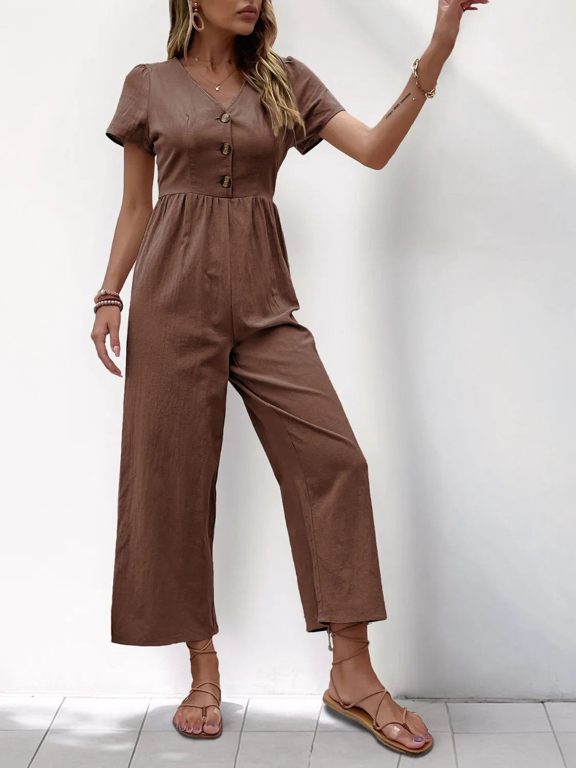 V-Neck Short Sleeve Wide Leg Jumpsuit.