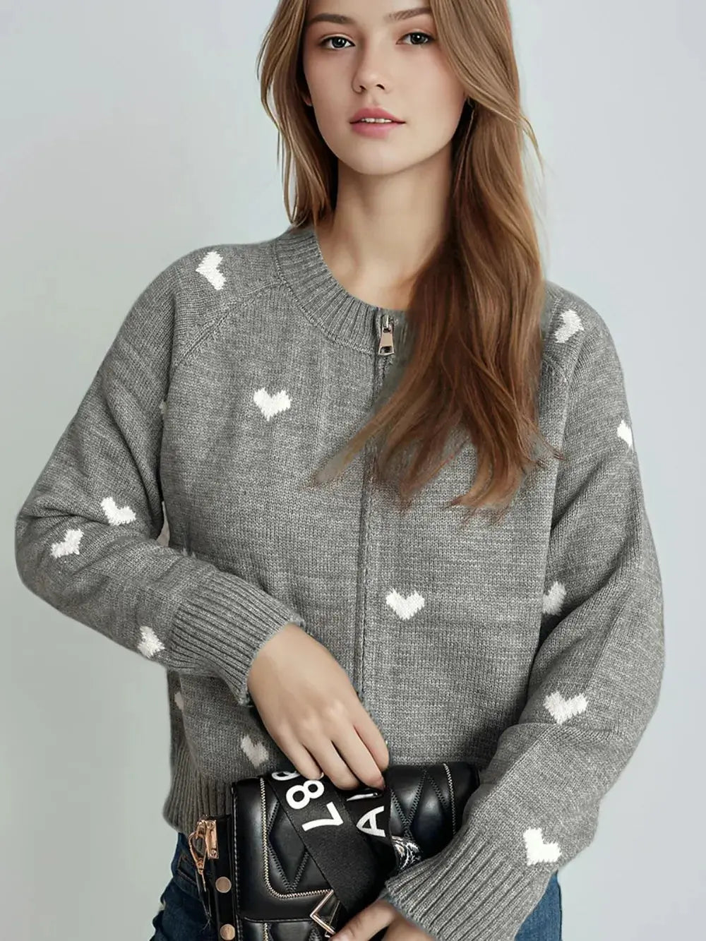 Heart Round Neck Zip Up Cardigan.