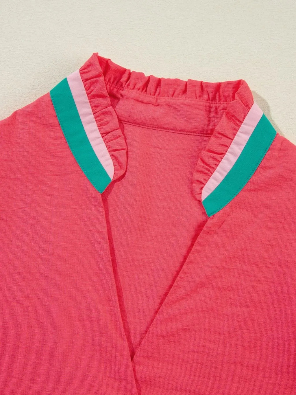 Carrot Colorful Trim V Neck Short Sleeve Blouse.