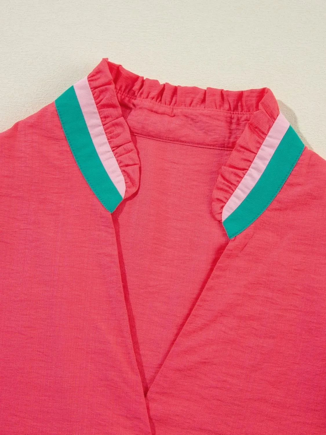 Carrot Colorful Trim V Neck Short Sleeve Blouse.