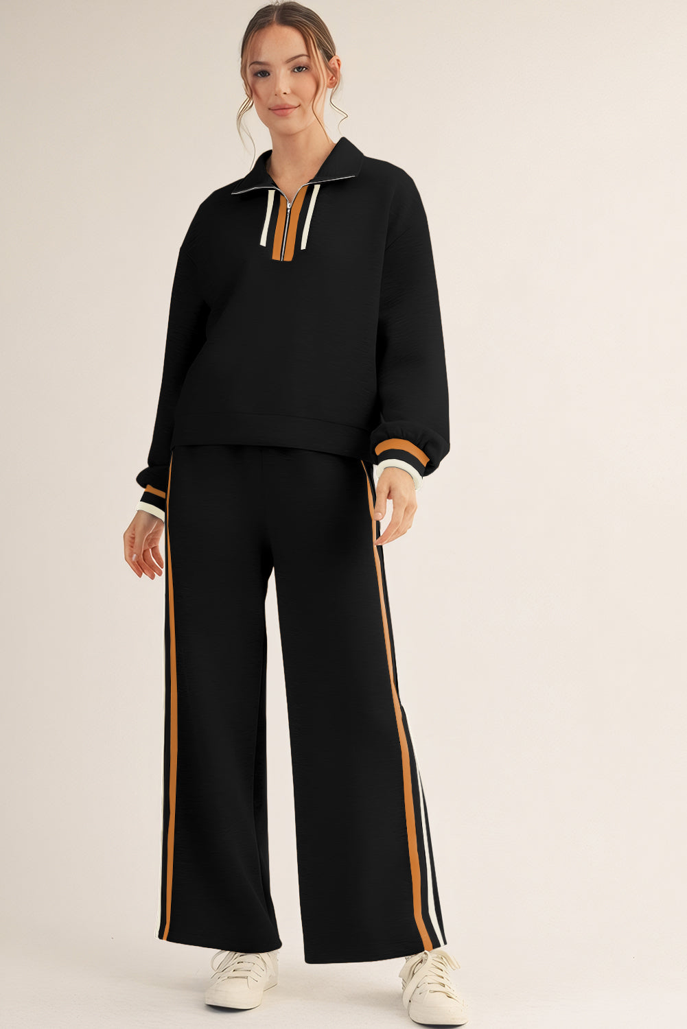 Black Striped Patchwork Quarter Zip Pullover Loose Pant Set Dear-Lover Dropshipping