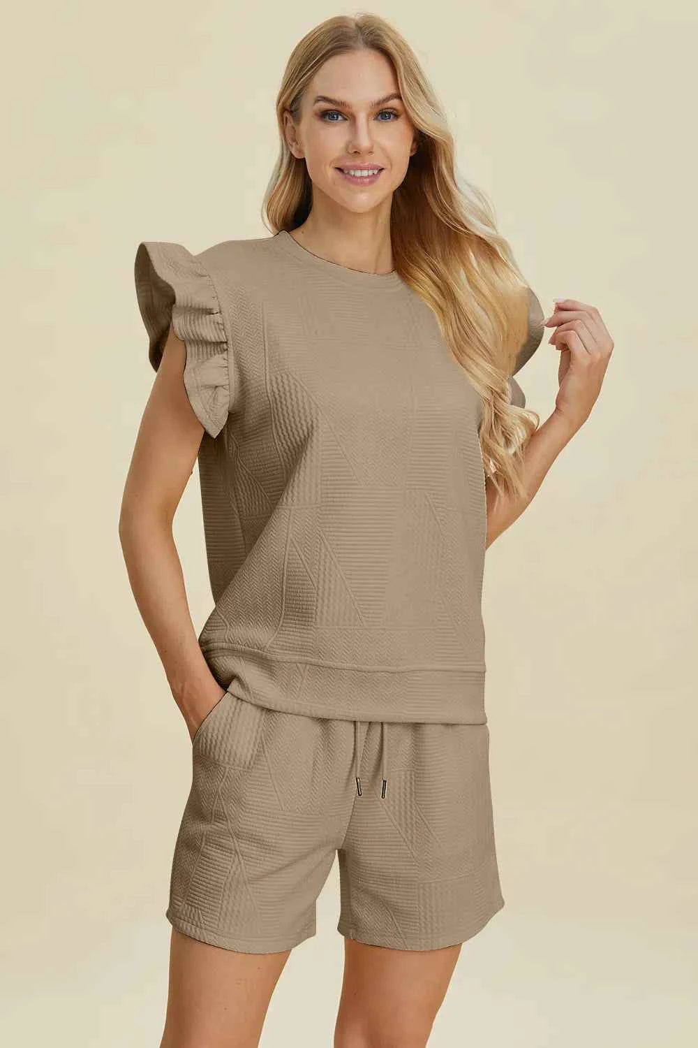 Round Neck Ruffle Sleeve Top and Shorts Set