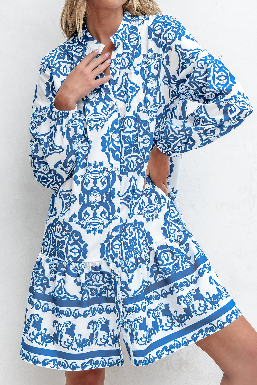 Sky Blue Tribal Print Button Up Notch Neck Loose Mini Dress Dear-Lover Dropshipping