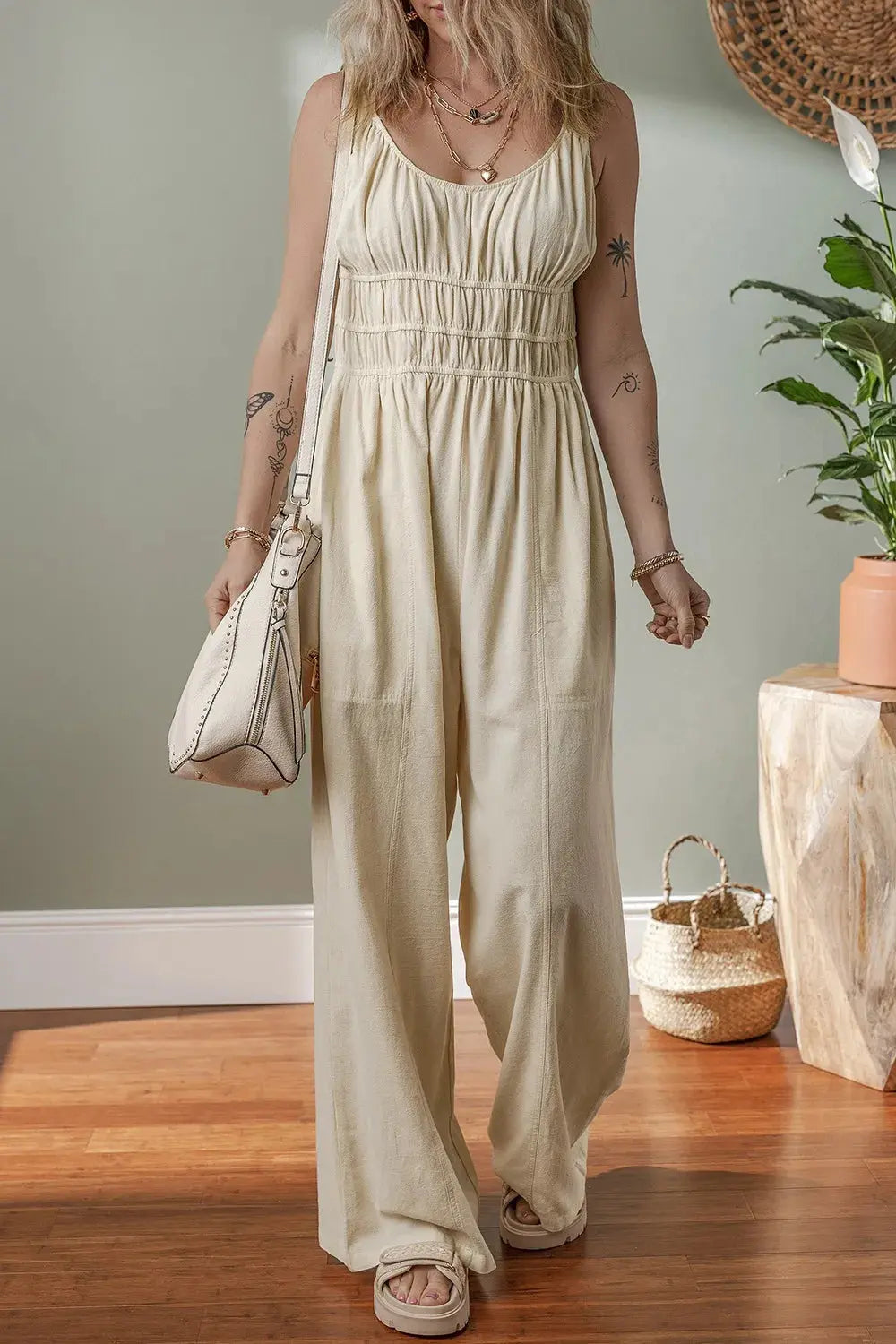 Ruched Sleeveless Wide Leg Jumpsuit.