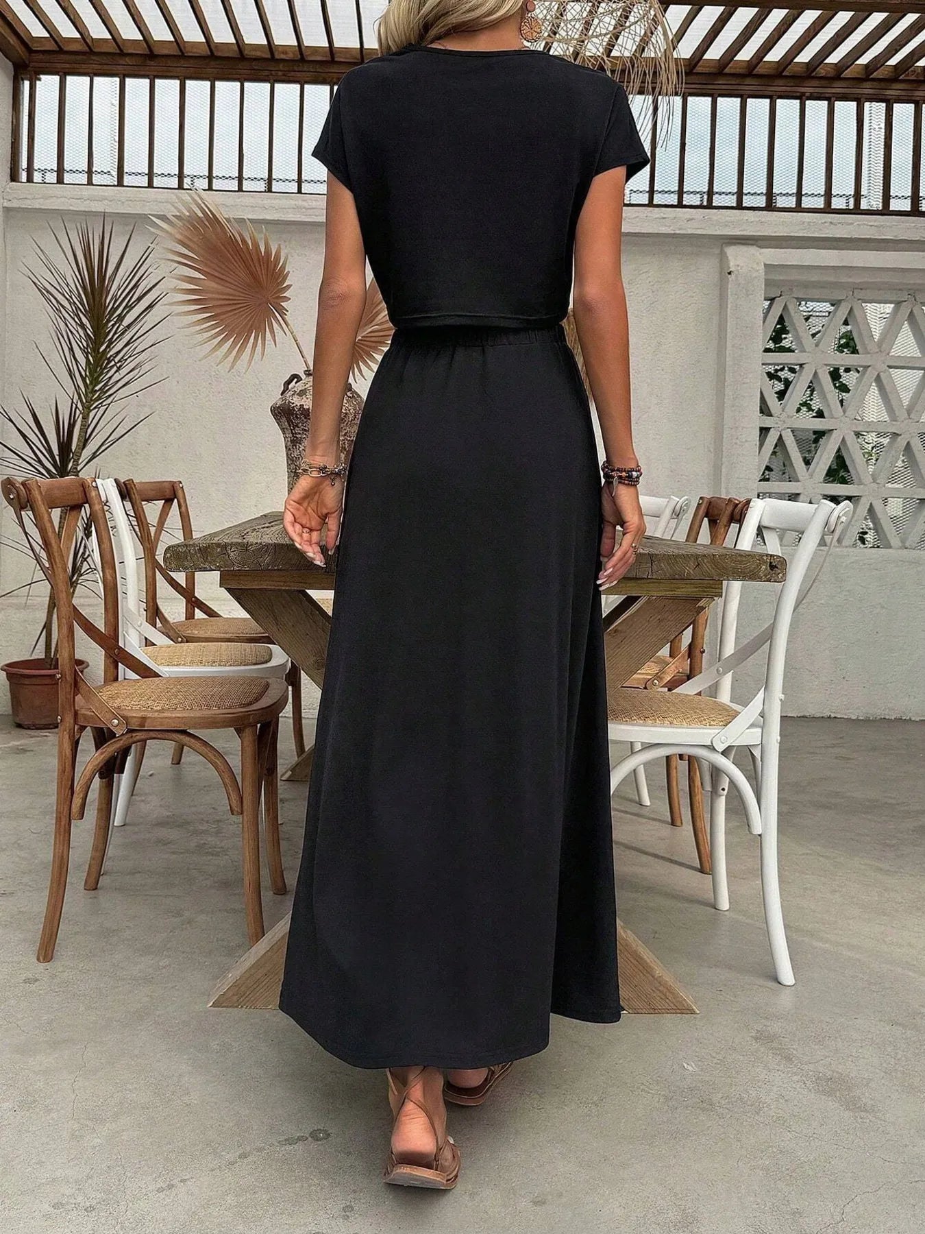 Round Neck Top and Slit Skirt Set.