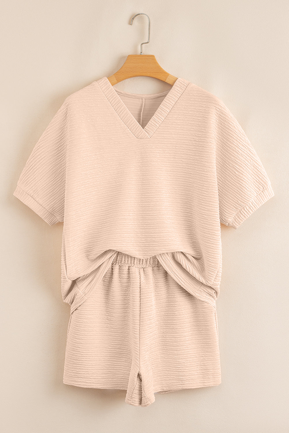 Apricot Textured V Neck T Shirt and Shorts Set Dear-Lover Dropshipping