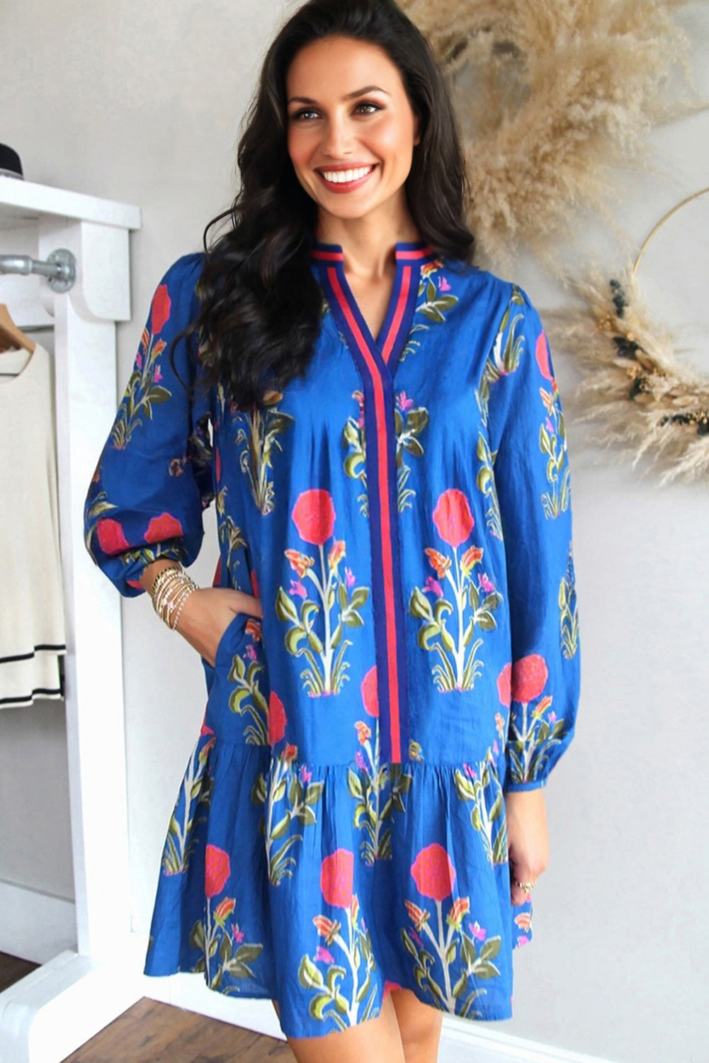 Sky Blue Floral Print Contrast Striped Trim Notched Neck Long Sleeve Dress Dear-Lover Dropshipping