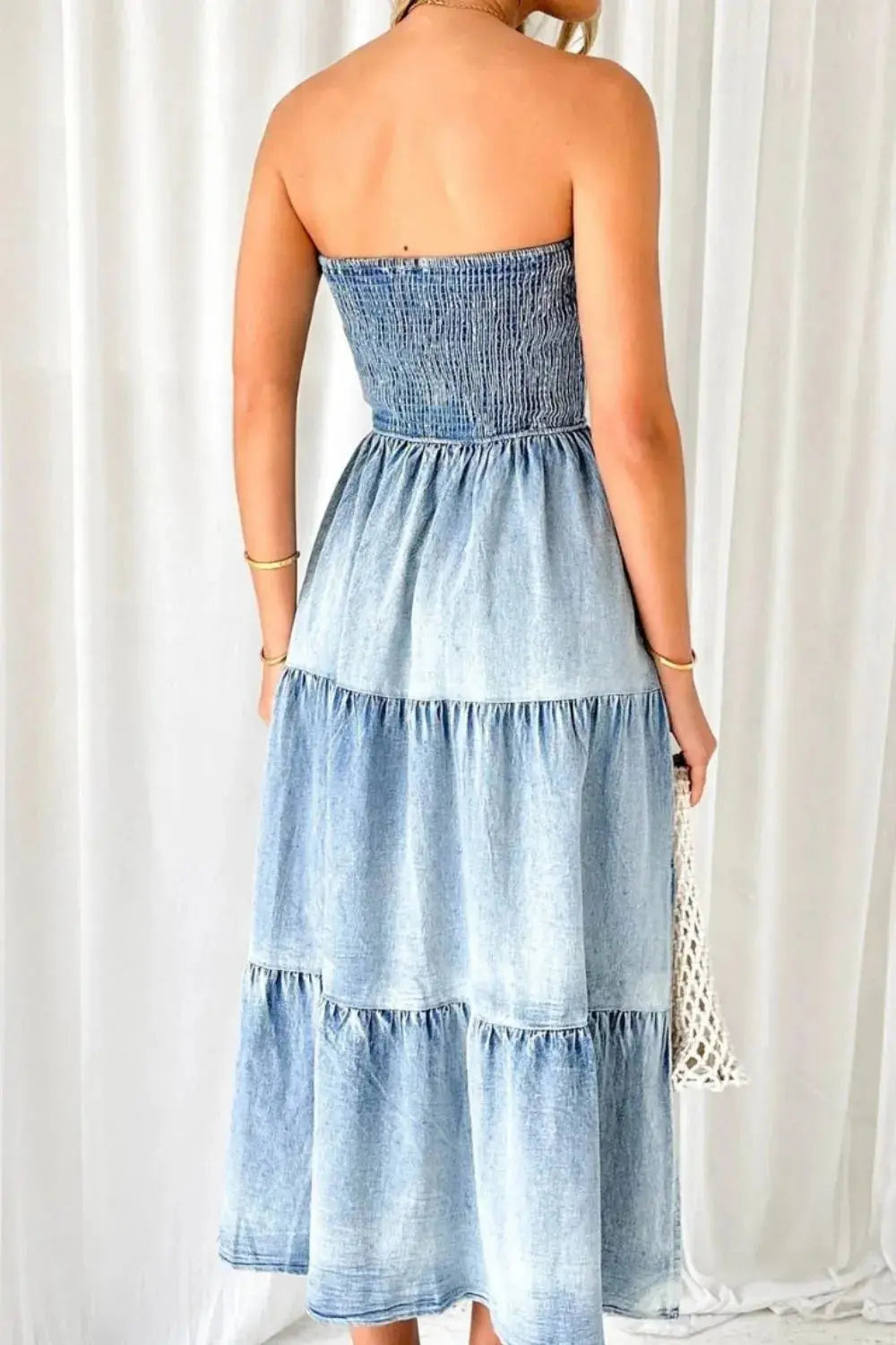 Smocked Tube Slit Tiered Denim Dress.