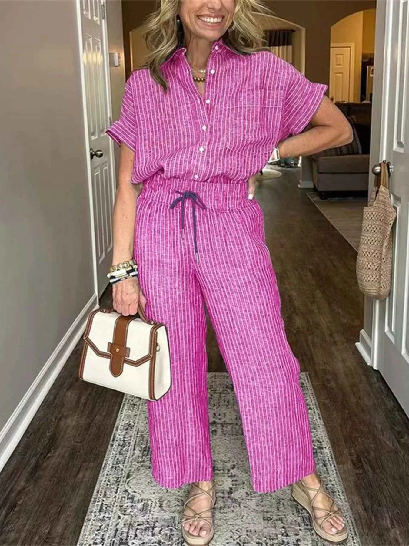 Full Size Striped Button-Up Shirt and Wide Leg Pants Casual Set Plus Size
