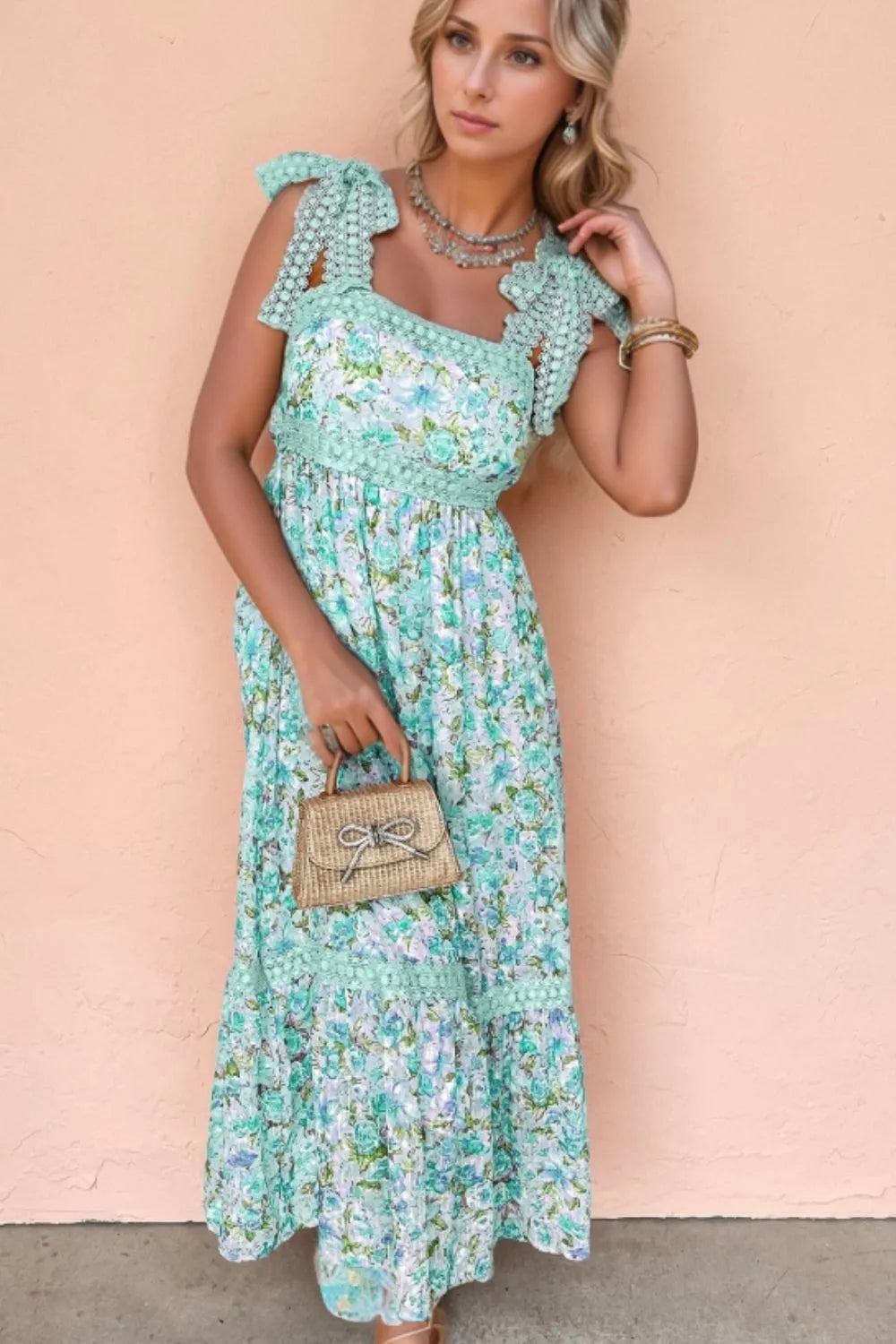 Bow Shoulders lace Square Neck Floral Dress.