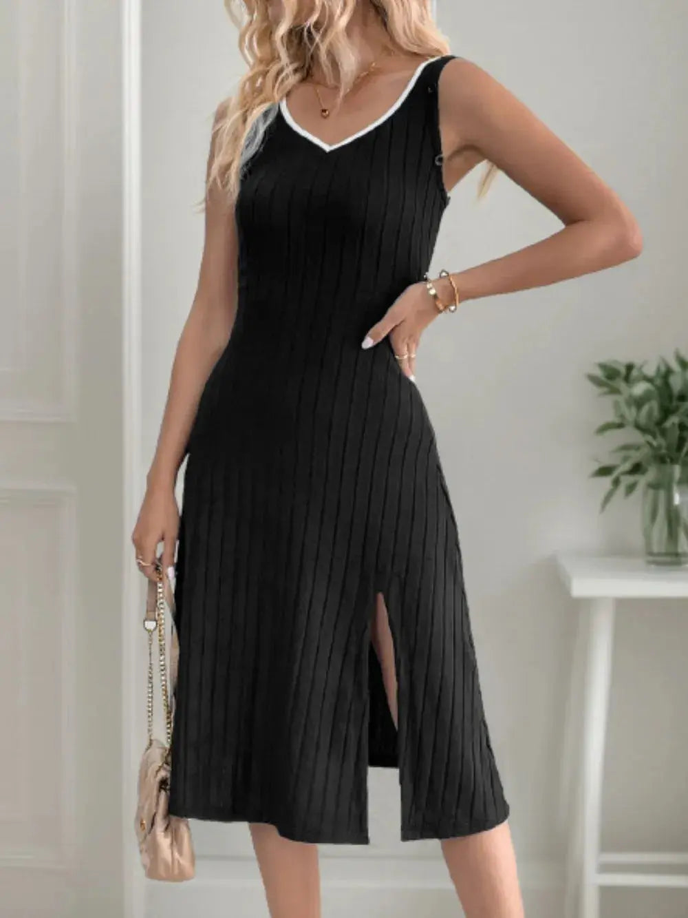 Perfee Slit Wide Strap Dress and Detachable Long Sleeves Set.