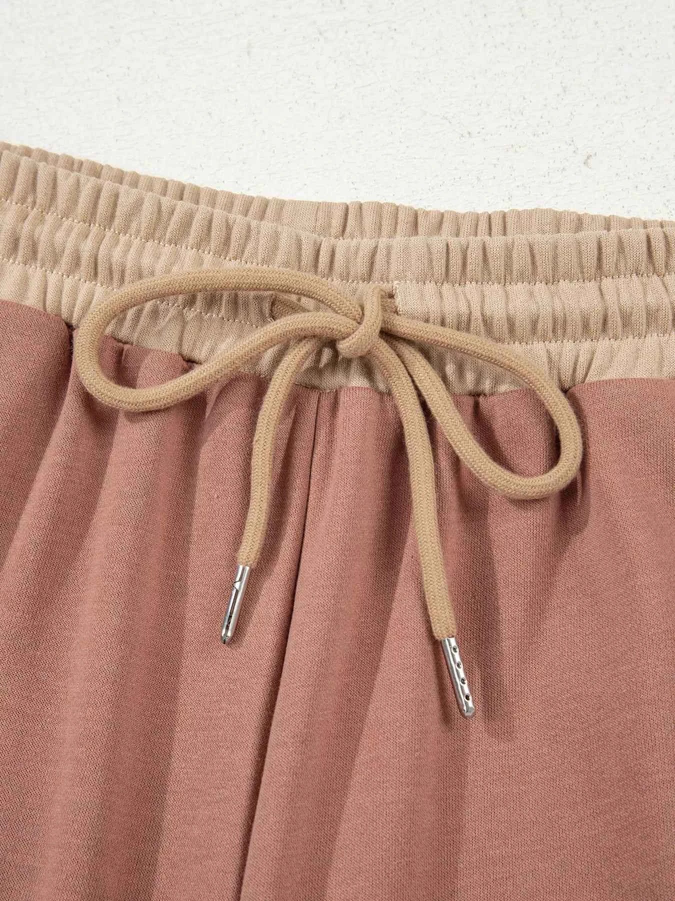 Color Block Long Sleeve Crop Top Drawstring Pant Set