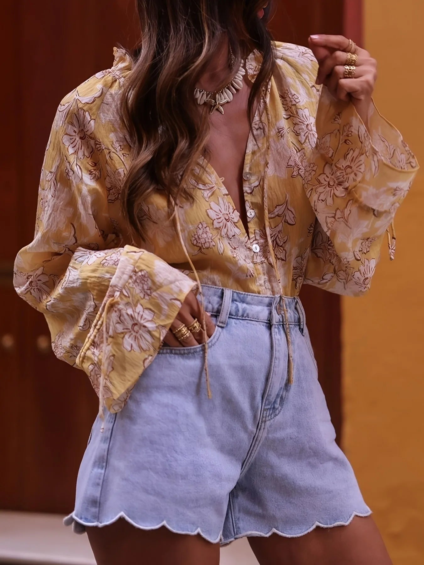 Printed Tie Neck Flounce Sleeve Blouse.