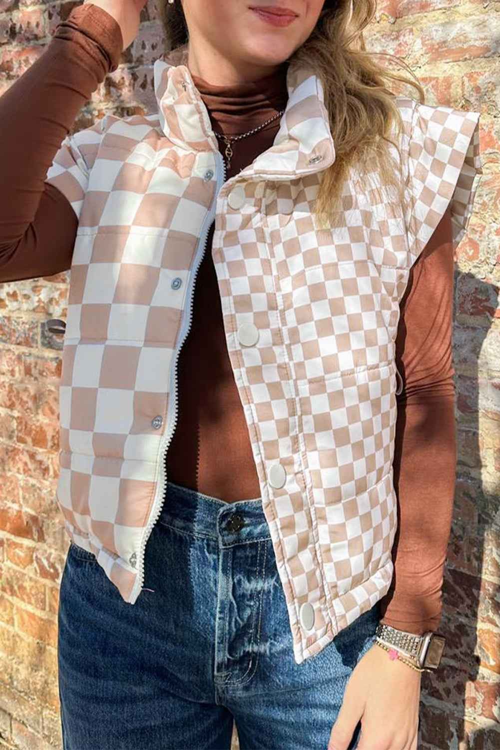 Khaki Contrast Plaid Quilted Button Zip Up Vest