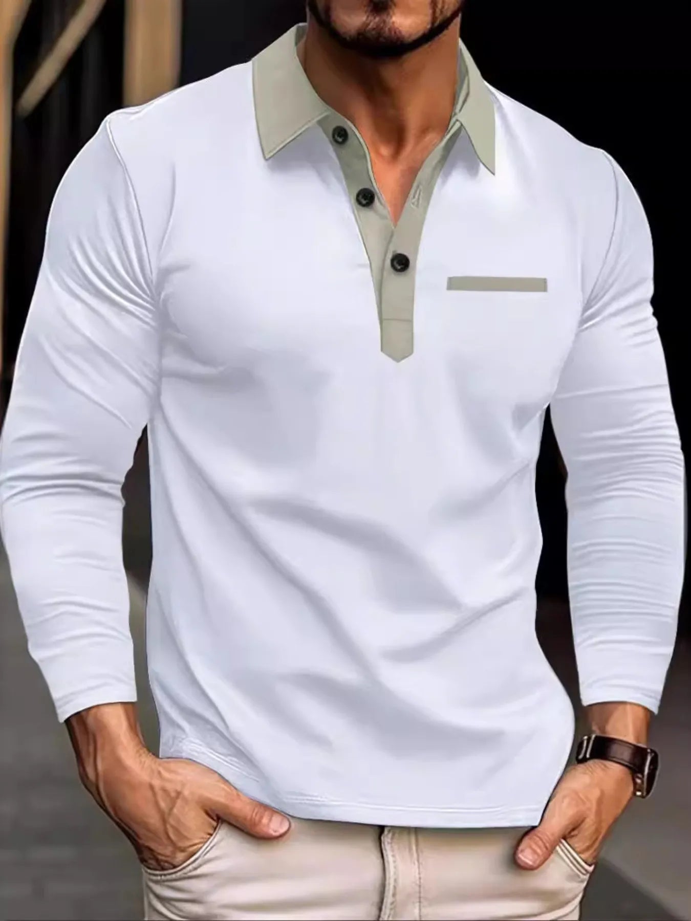 Men's Full Size Long Sleeve Contrast Collar Polo Shirt Plus Size.