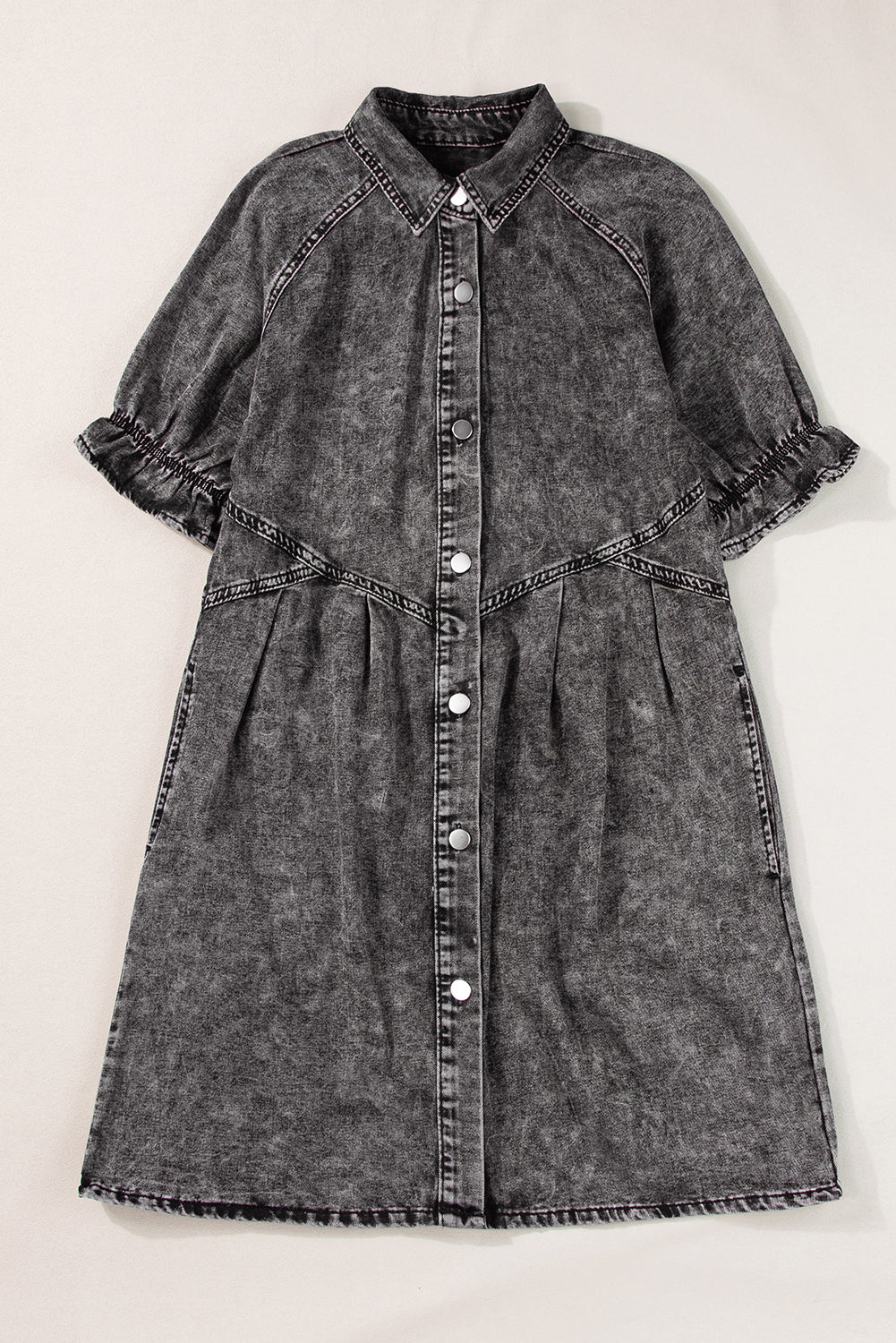 Medium Grey Mineral Wash Ruffled Short Sleeve Buttoned Denim Dress Dear-Lover Dropshipping