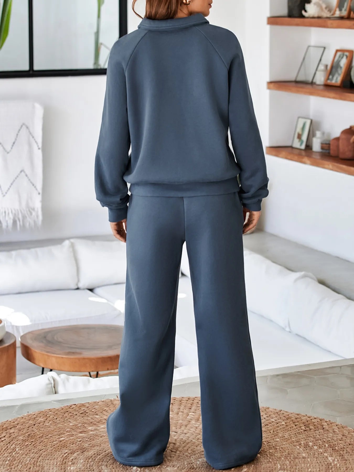 Collared Sweatshirt and High Waist Pants Active Set.