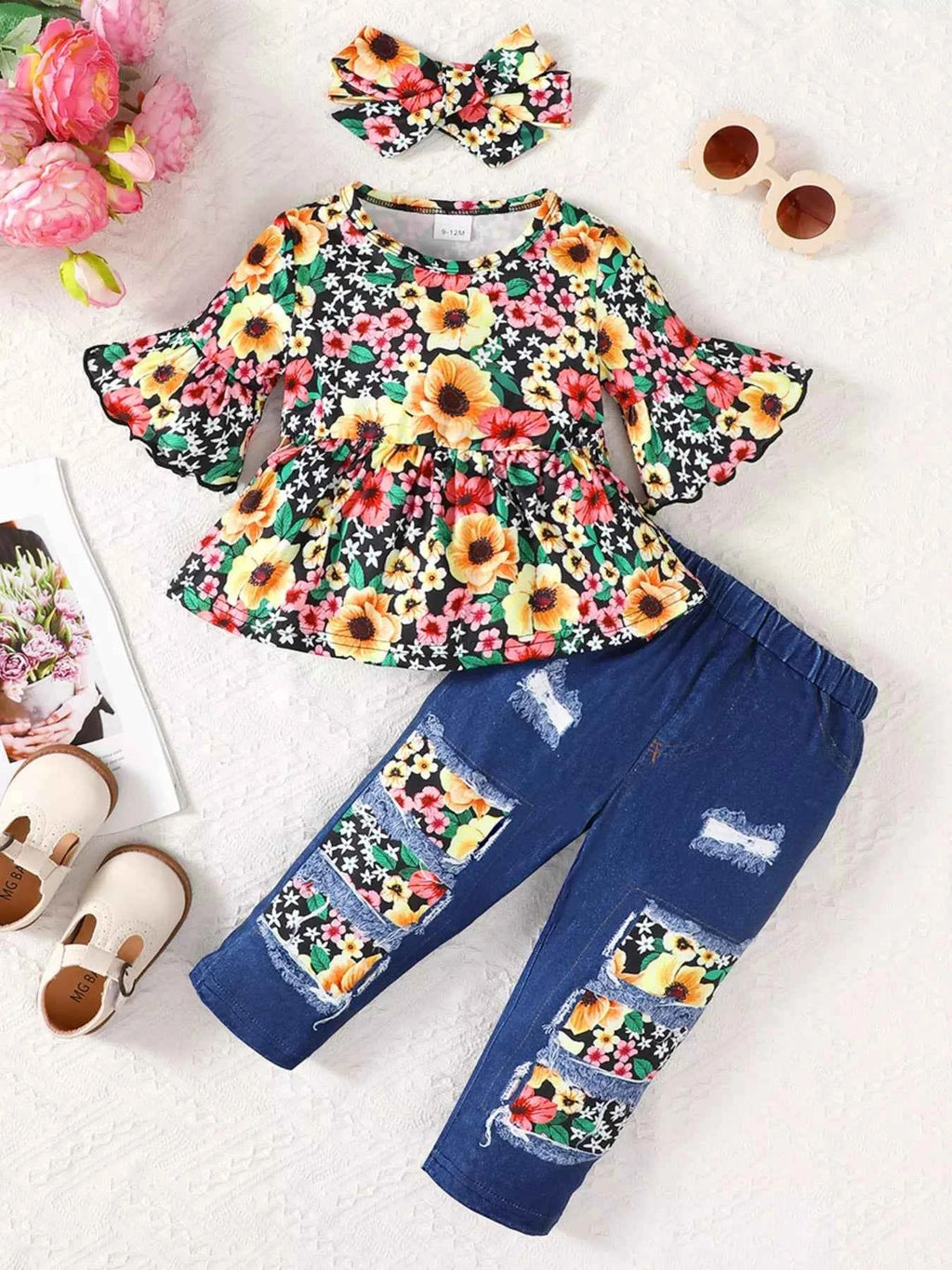 Children's Floral Bell Sleeve Top and Pants Set