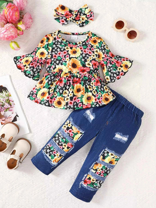 Children's Floral Bell Sleeve Top and Pants Set
