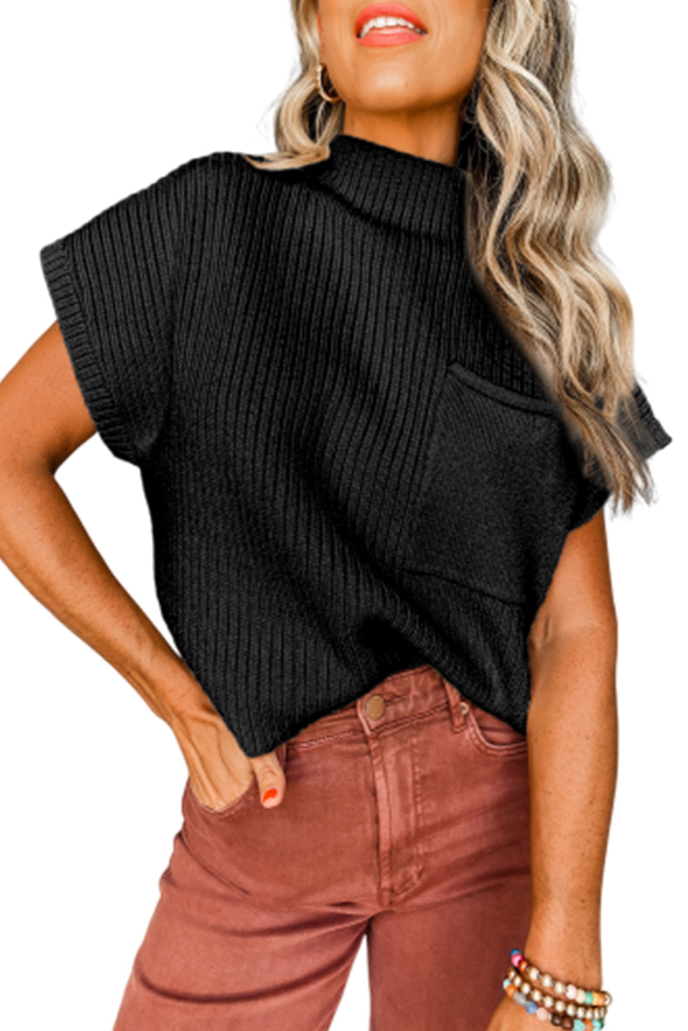 Black Patch Pocket Ribbed Knit Short Sleeve Sweater Dear-Lover Dropshipping