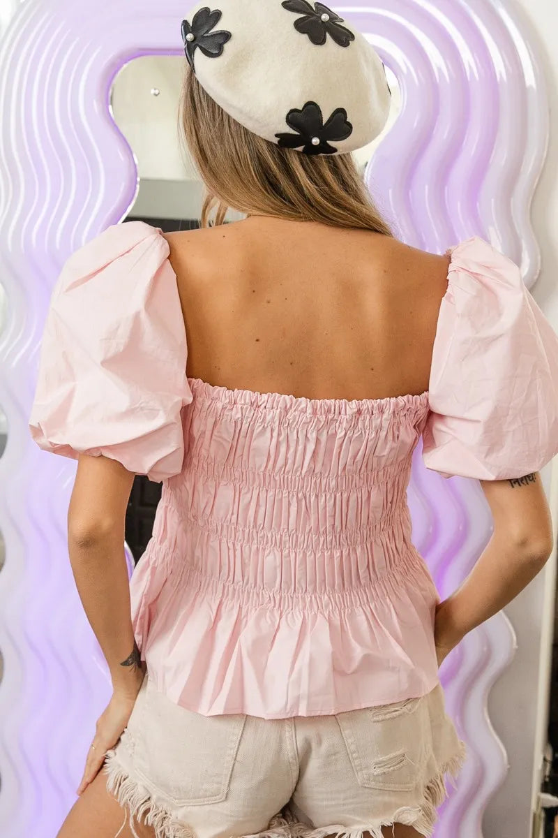 BiBi Puff Sleeve Square Neck Smocked Peplum Top.