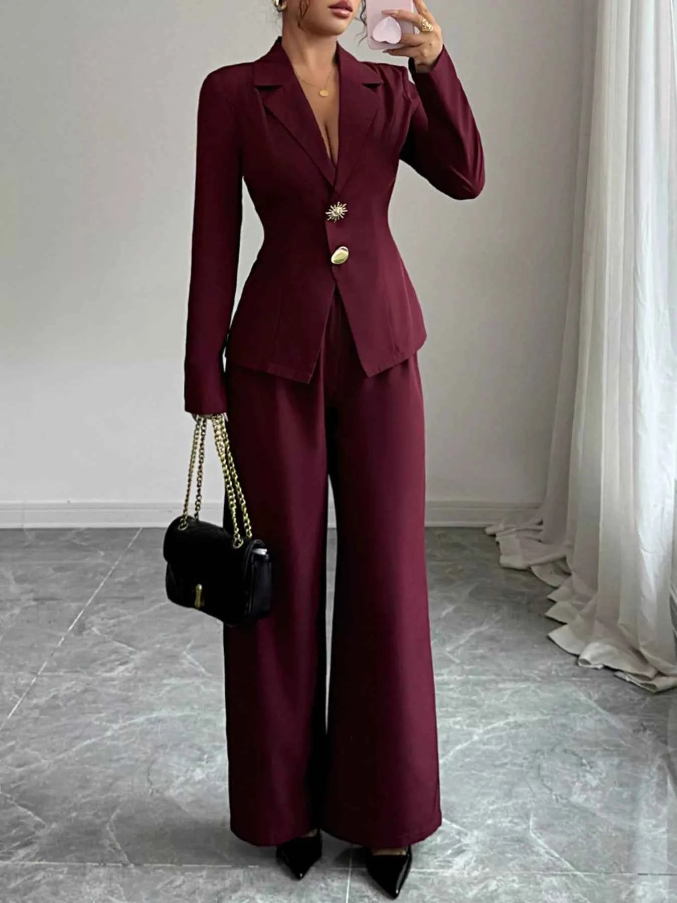 Lapel Collar Blazer & Wide Leg Pants Set