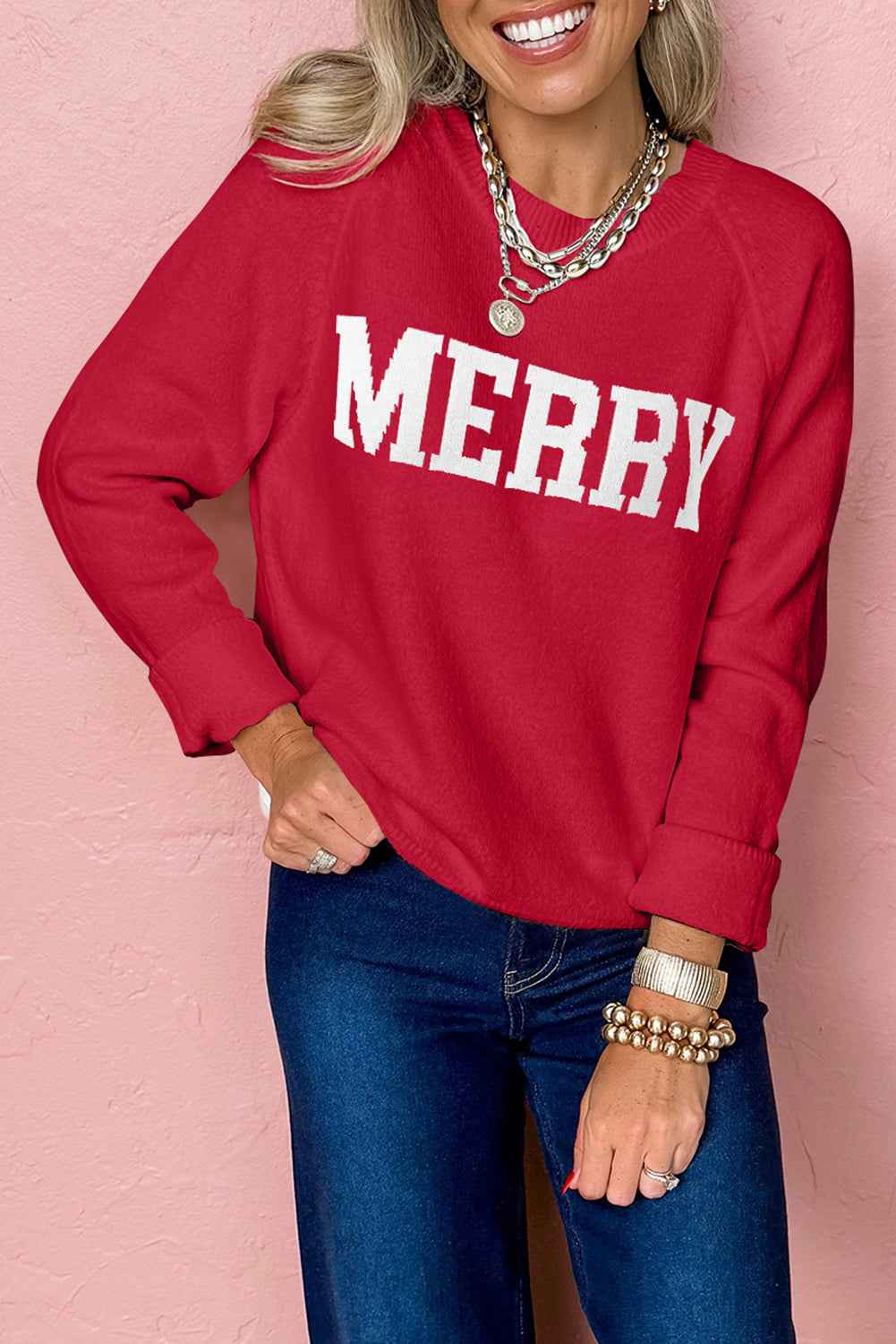 Racing Red MERRY Letter Pattern Christmas Raglan Sleeve Sweater