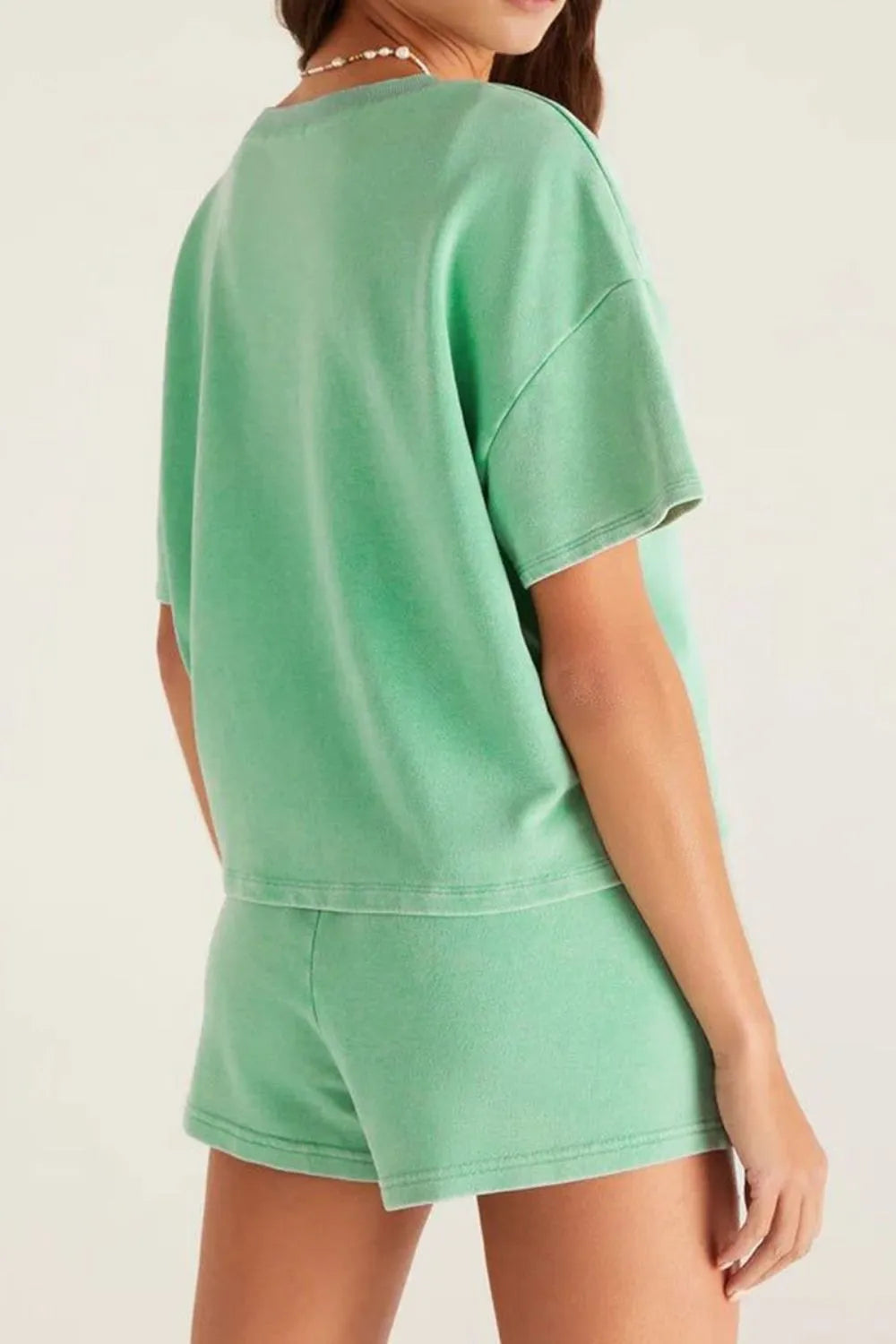 V-Neck Short Sleeve Loose Top and Drawstring Shorts Set.