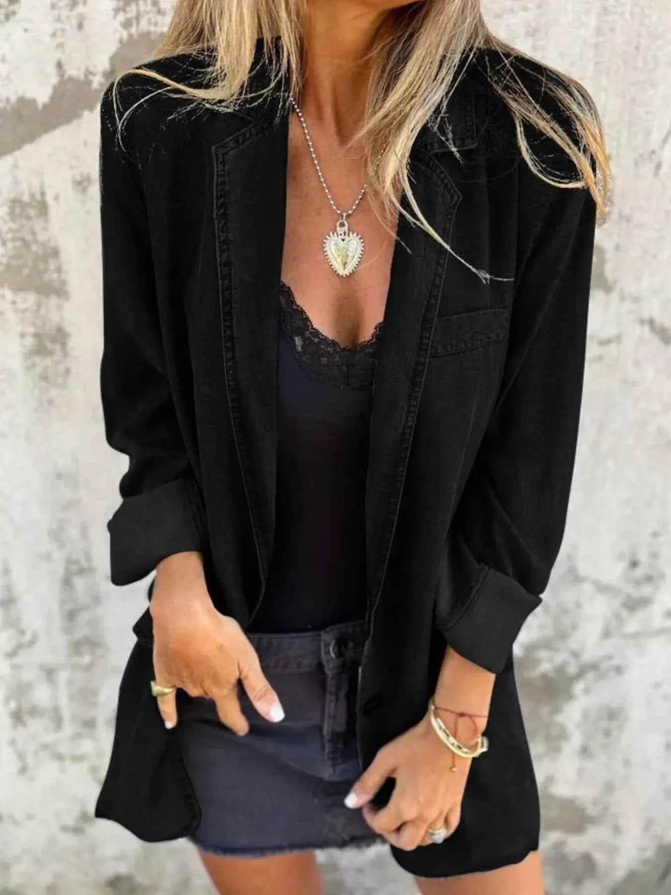 Full Size Button Down Denim Blazer Plus Size