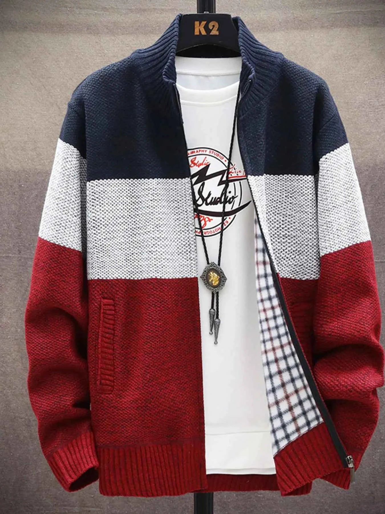 Men's Plus Size Color Block Zip Up Cardigan