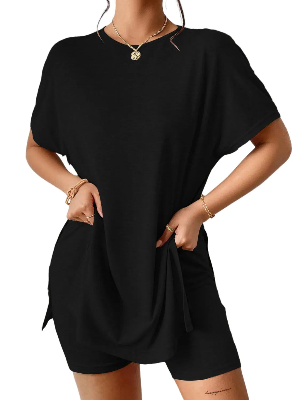 Slit Round Neck Short Sleeve Oversized Top and Shorts Set.