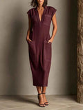 Stand-up Collar Sleeveless Casual Loose-fit Cotton-linen Dress