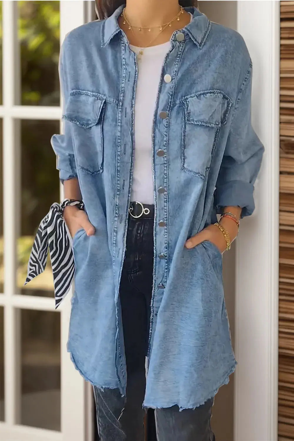 Full Size Pocketed Button Up Long Sleeve Denim Jacket.