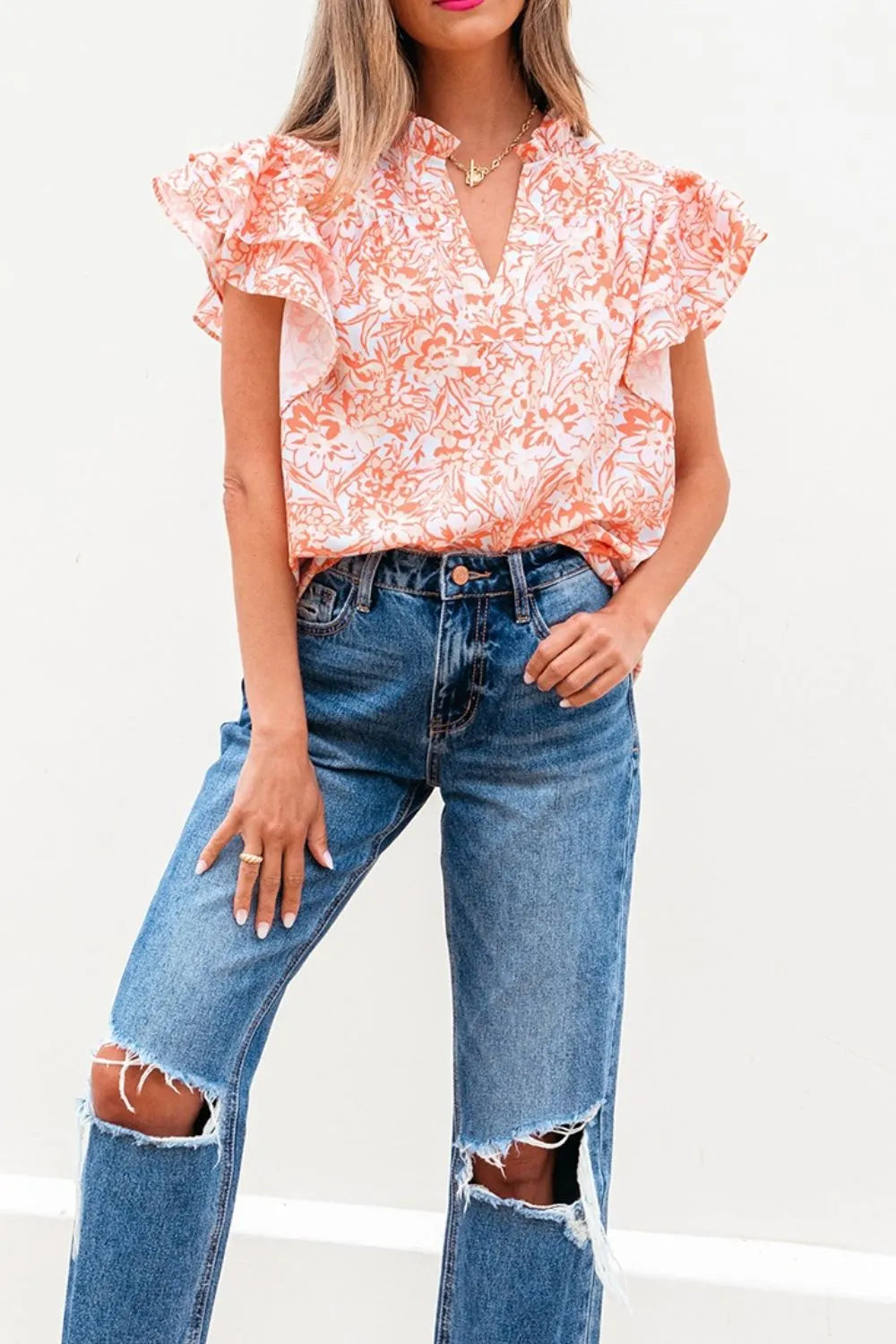 Floral Ruffle Sleeve Split Neck Blouse.