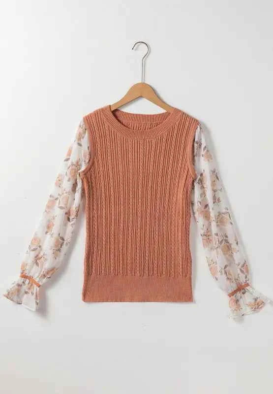 Cable Knit Round Neck Flounce Sleeve Sweater.