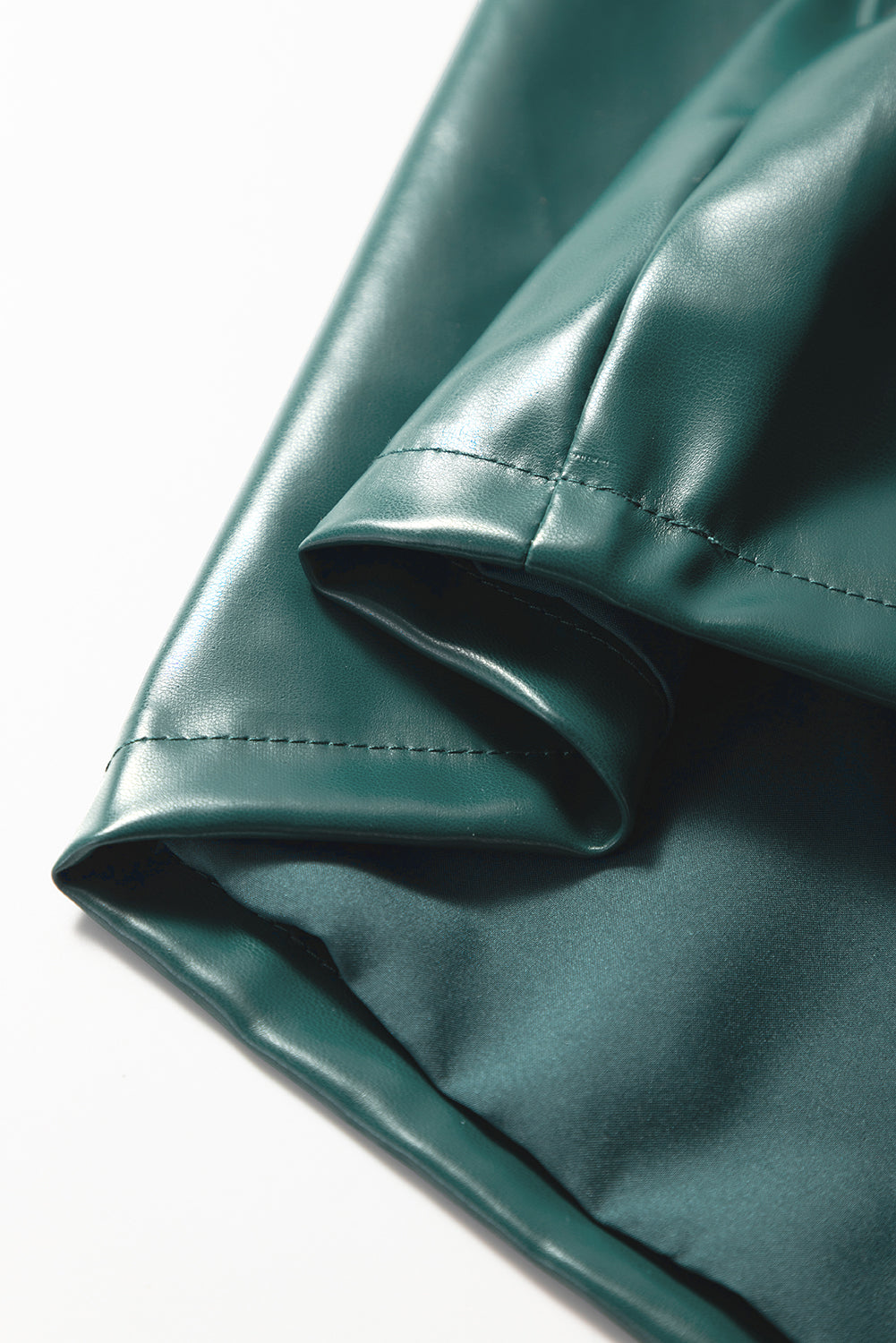 Sea Green Notched V Neck Short Puff Sleeve PU Leather Blouse Dear-Lover Dropshipping