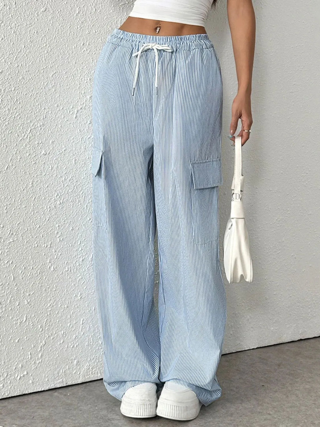 Drawstring Striped Wide Leg Cargo Pants.