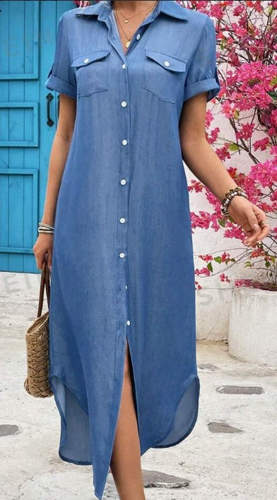 Women Summer Denim-Look Longline Shirt Dress Trendsi